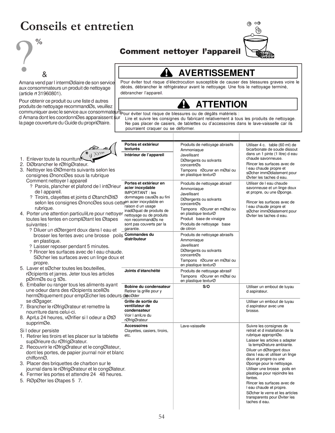 Amana W10175445A Conseils et entretien, Comment nettoyer l’appareil, Le réfrigérateur ?, Comment supprimer une odeur dans 