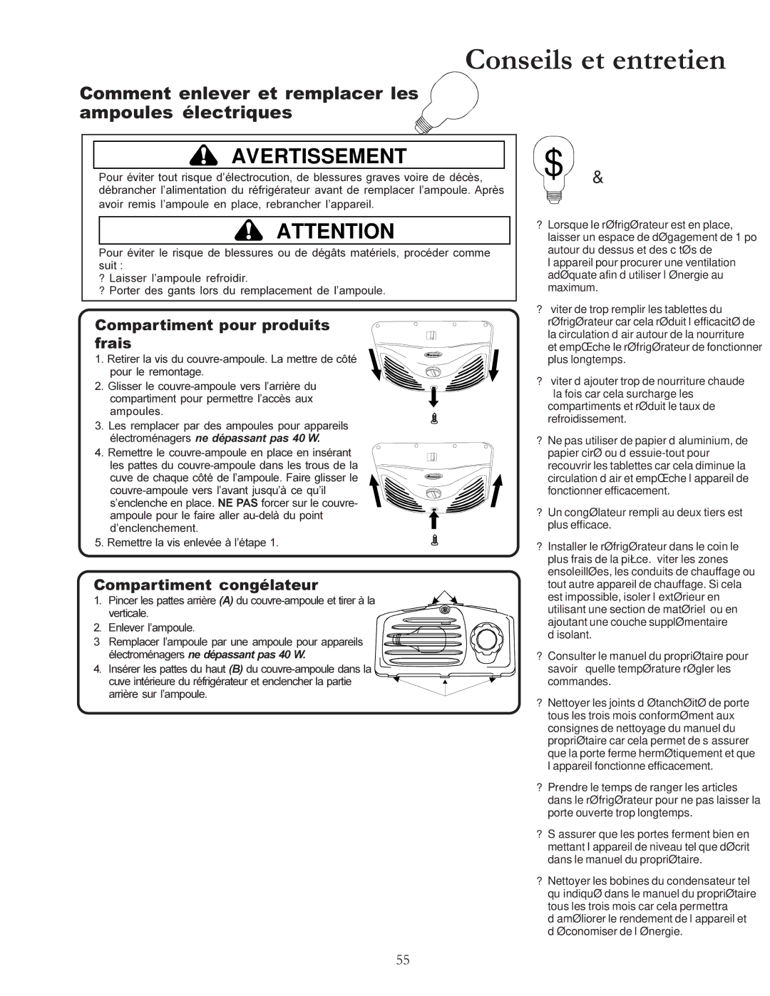 Amana W10175445A Comment enlever et remplacer les ampoules électriques, Maximum, Comment utiliser $ l’énergie au 