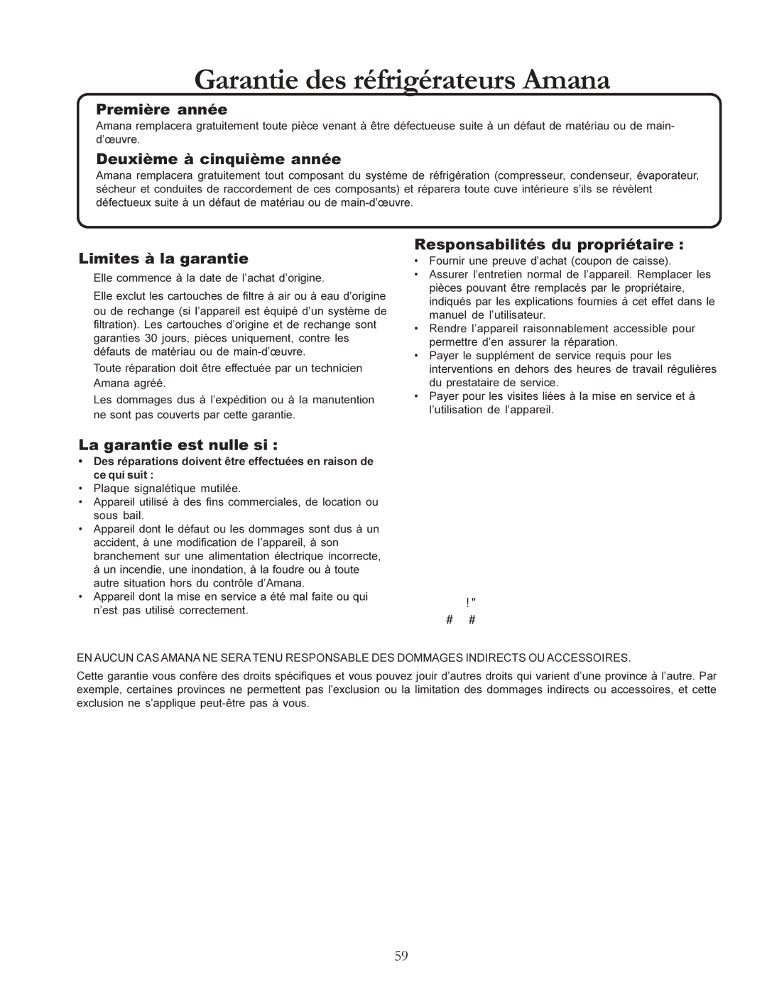 Amana W10175445A owner manual Garantie des réfrigérateurs Amana 