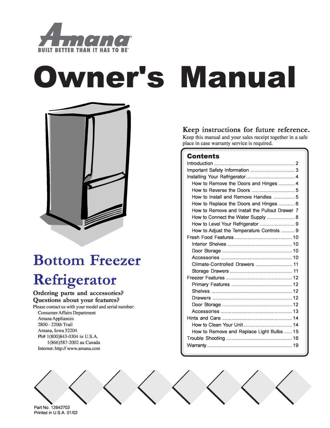 Amana W10175445A owner manual Keep instructions for future reference, Bottom Freezer Refrigerator, Contents 