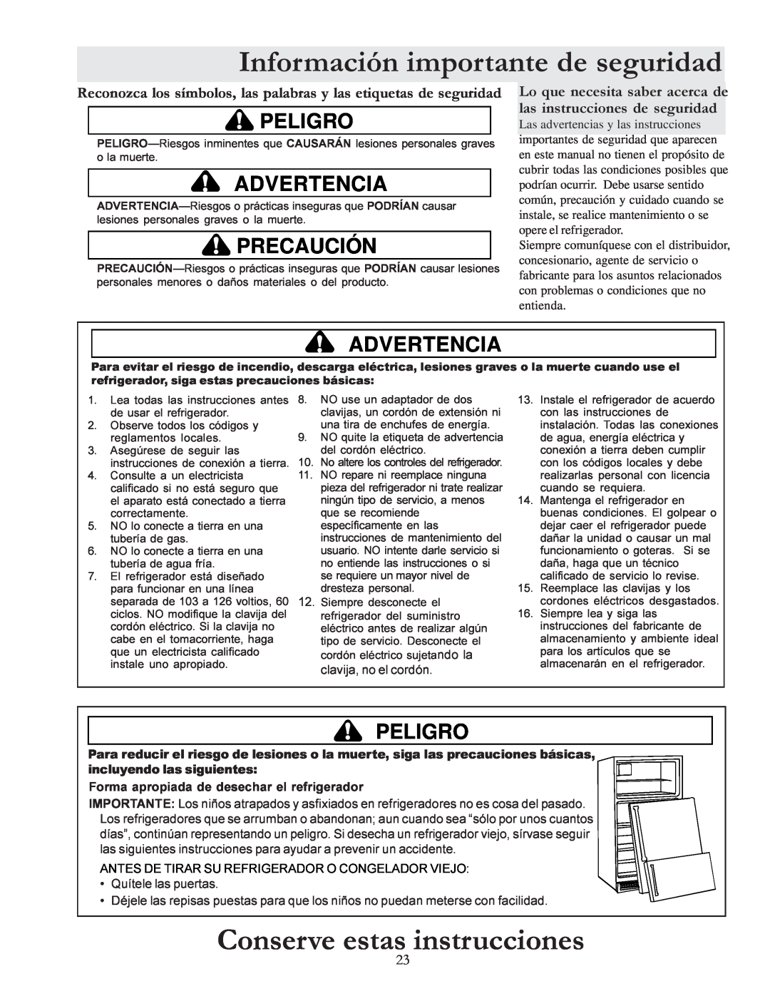 Amana W10175445A Conserve estas instrucciones, Información importante de seguridad, Peligro, Advertencia, Precaución 