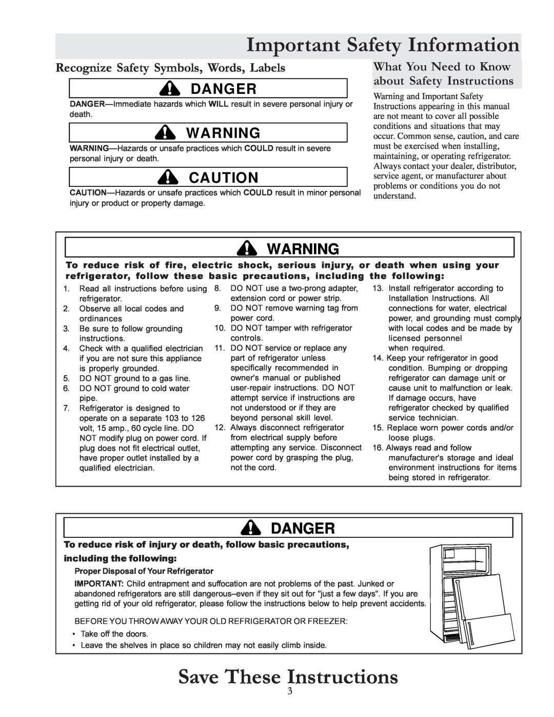 Amana W10175445A Important Safety Information, Save These Instructions, Danger, Recognize Safety Symbols, Words, Labels 