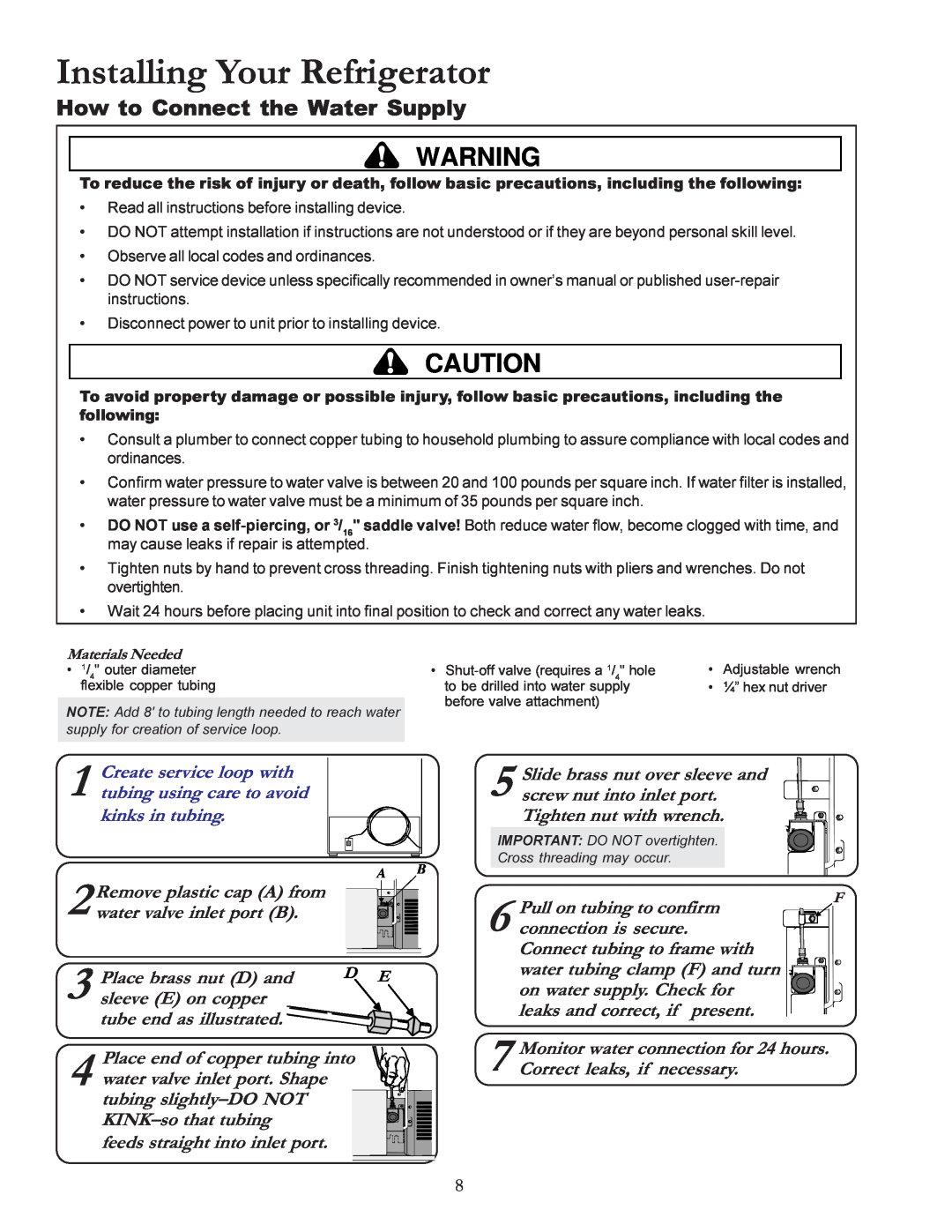 Amana W10175445A How to Connect the Water Supply, Installing Your Refrigerator, Place brass nut D and, sleeve E on copper 