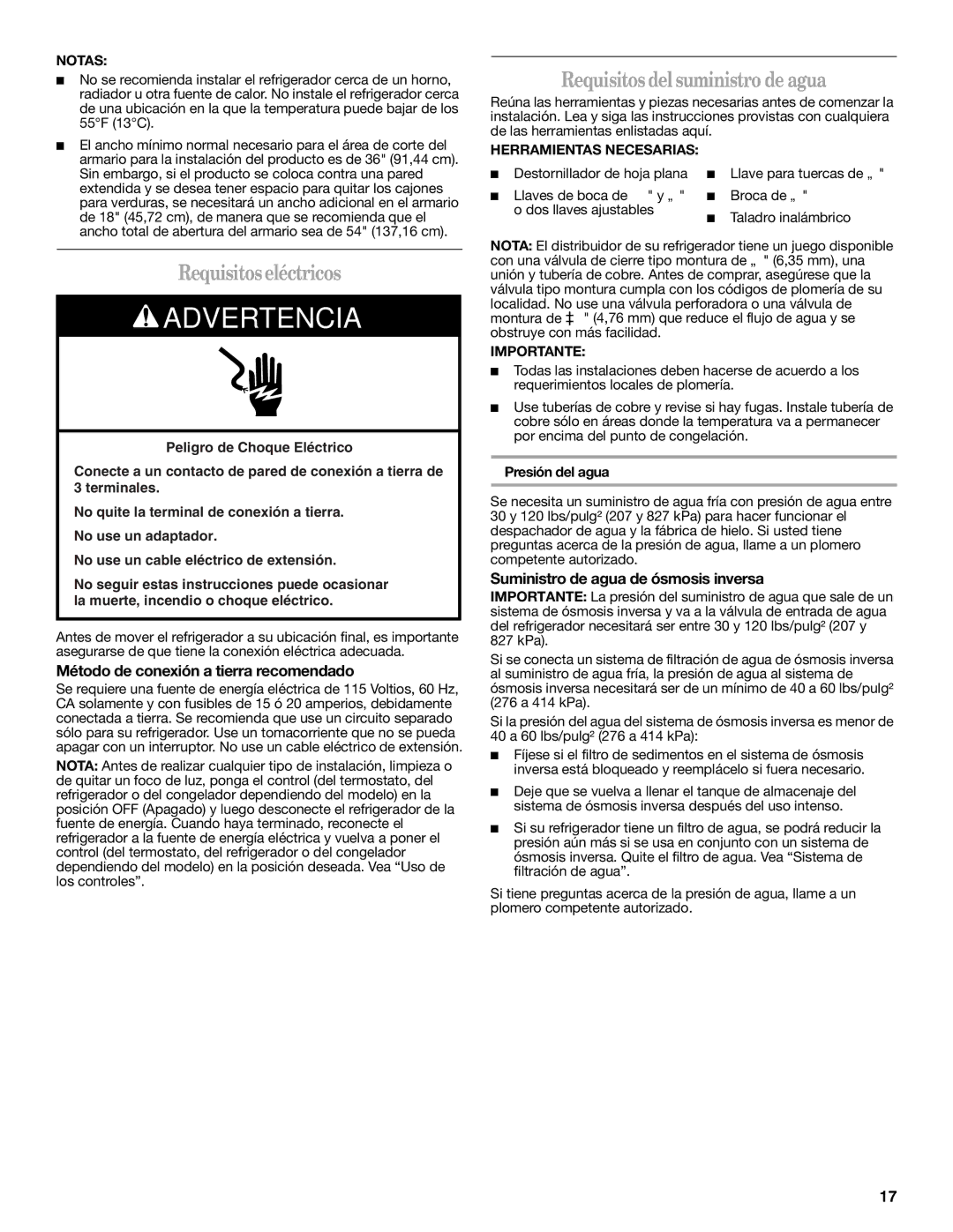 Amana W10180386A Requisitos eléctricos, Requisitos del suministro de agua, Método de conexión a tierra recomendado 