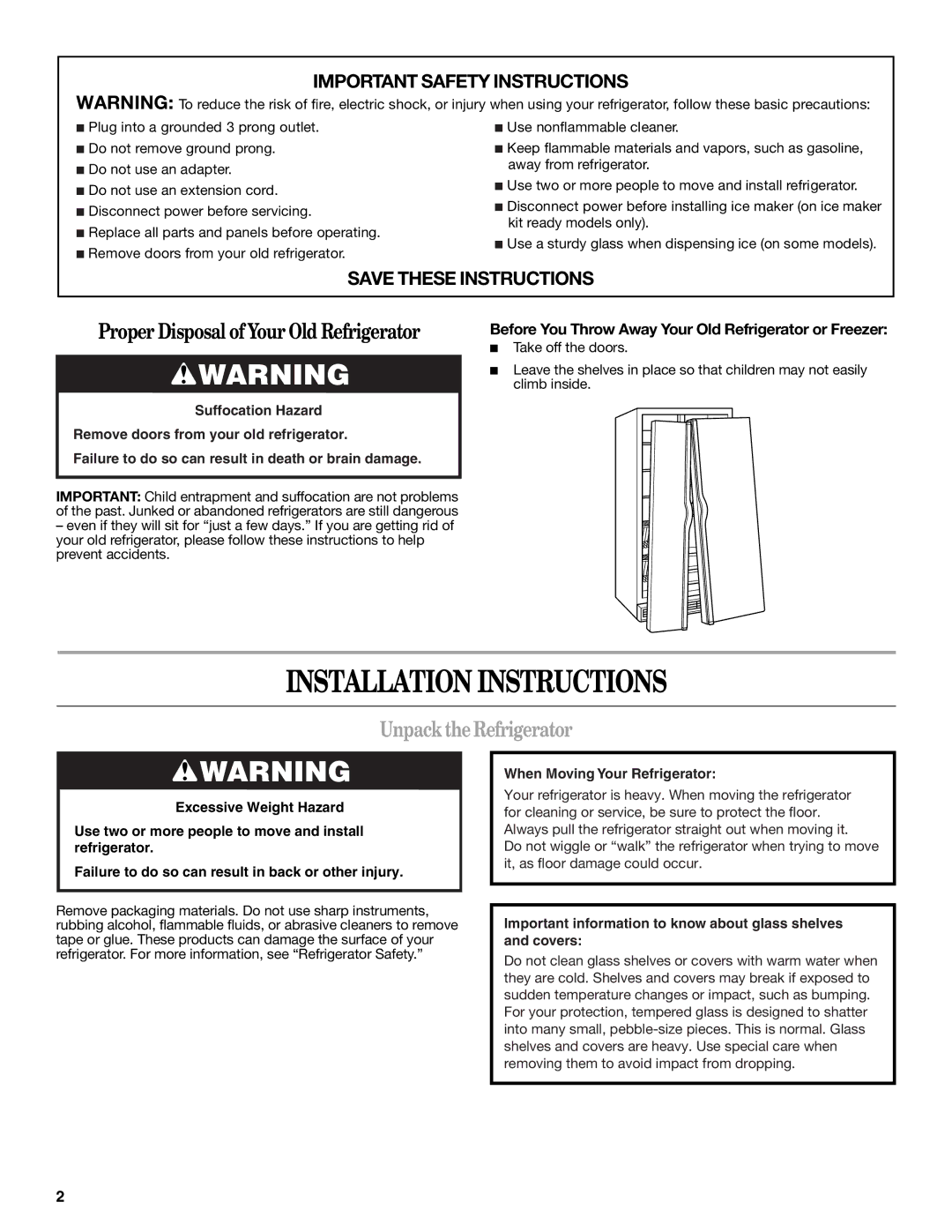 Amana W10180388A, W10180386A installation instructions Installation Instructions, Unpack the Refrigerator 