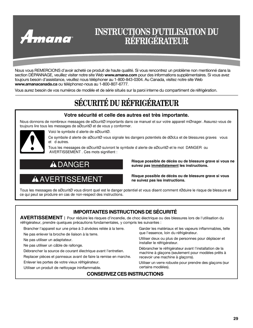 Amana W10180386A, W10180388A installation instructions Instructions Dutilisation DU Réfrigérateur, Sécurité DU Réfrigérateur 