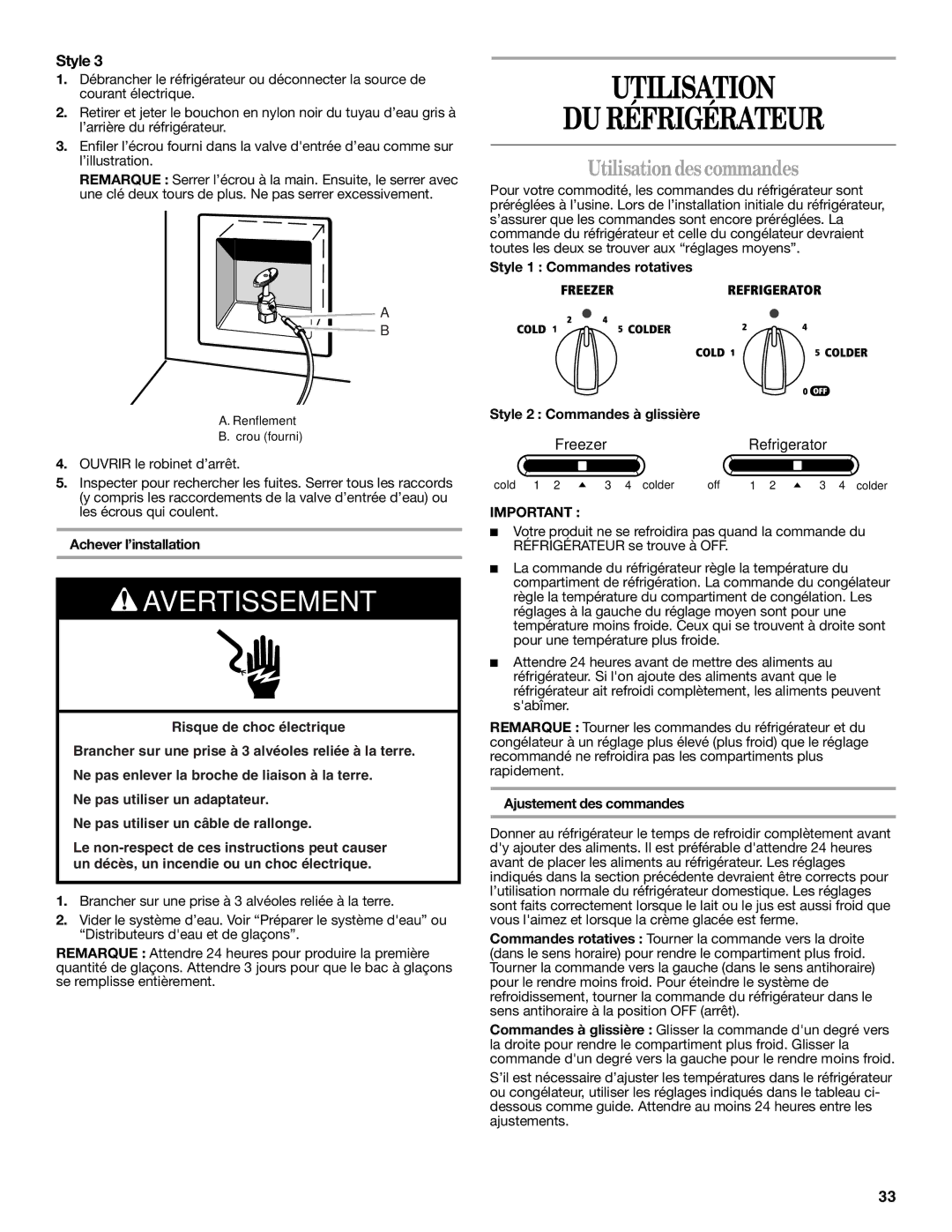 Amana W10180386A Utilisation DU Réfrigérateur, Utilisation des commandes, Achever l’installation, Ajustement des commandes 