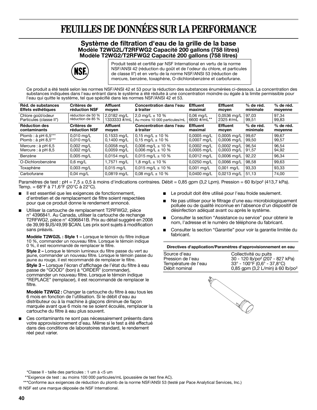 Amana W10180388A, W10180386A Feuilles DE Données SUR LA Performance, Système de filtration deau de la grille de la base 