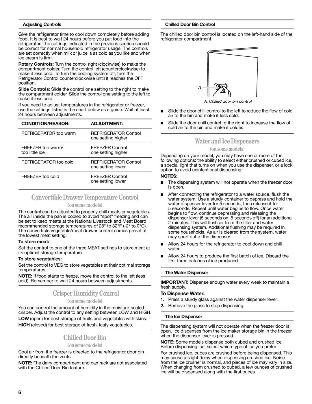 Amana W10180388A ConvertibleDrawer Temperature Control, Crisper Humidity Control, Chilled Door Bin, To Dispense Water 