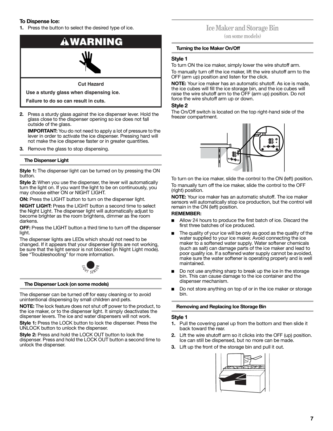 Amana W10180386A, W10180388A installation instructions Ice Maker and Storage Bin, To Dispense Ice, Remember 