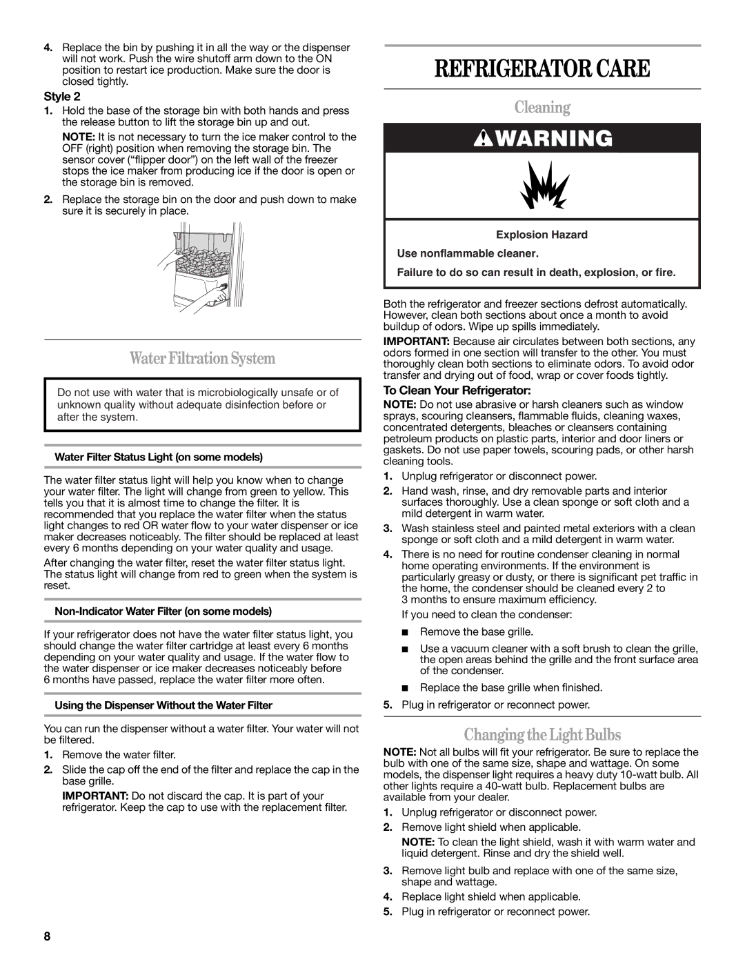 Amana W10180388A, W10180386A Refrigerator Care, Water Filtration System, Cleaning, Changing the Light Bulbs 