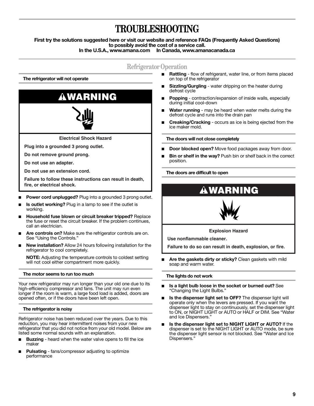 Amana W10180386A Troubleshooting, Refrigerator Operation, Motor seems to run too much, Doors will not close completely 