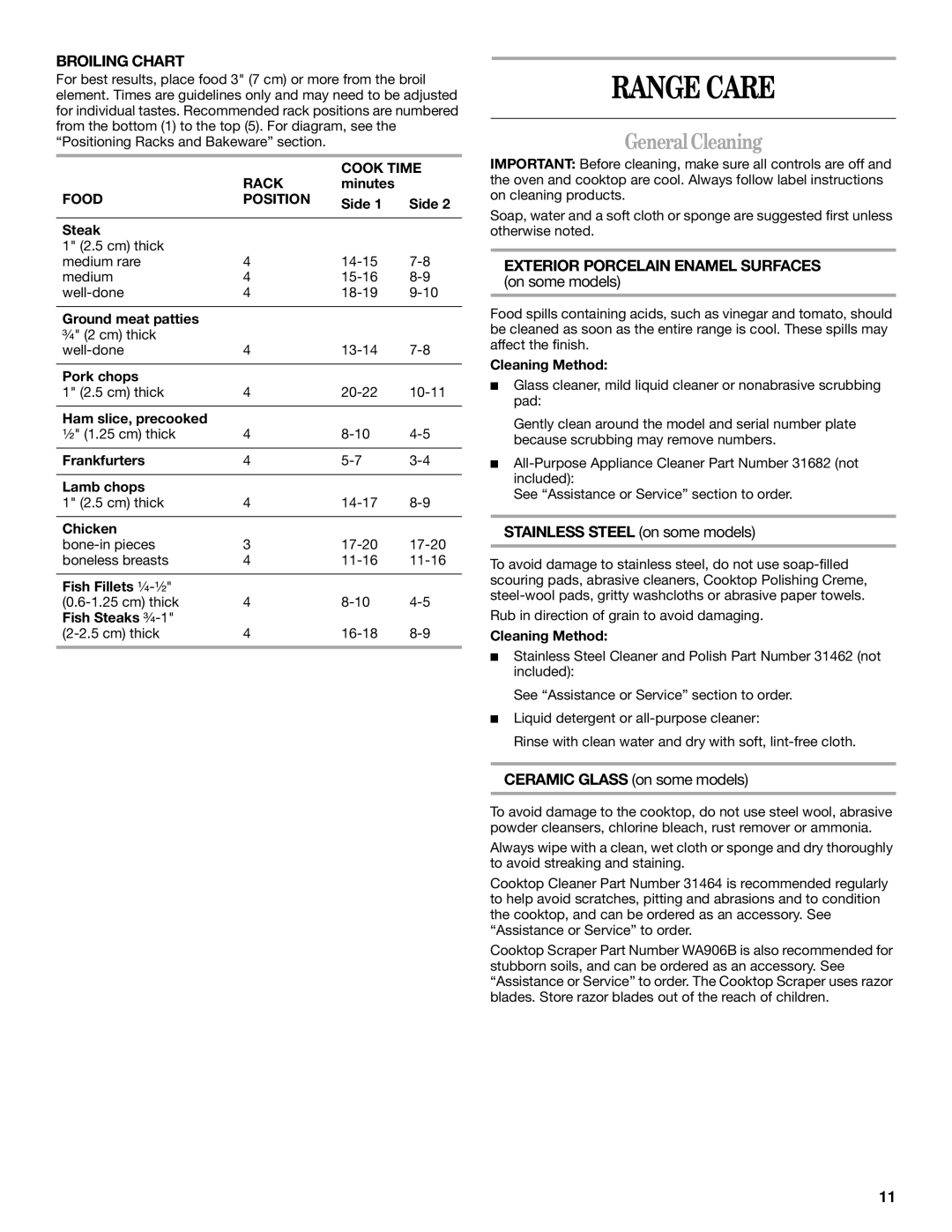 Amana W10180837A manual Range Care, GeneralCleaning, Broiling Chart, Exterior Porcelain Enamel Surfaces 