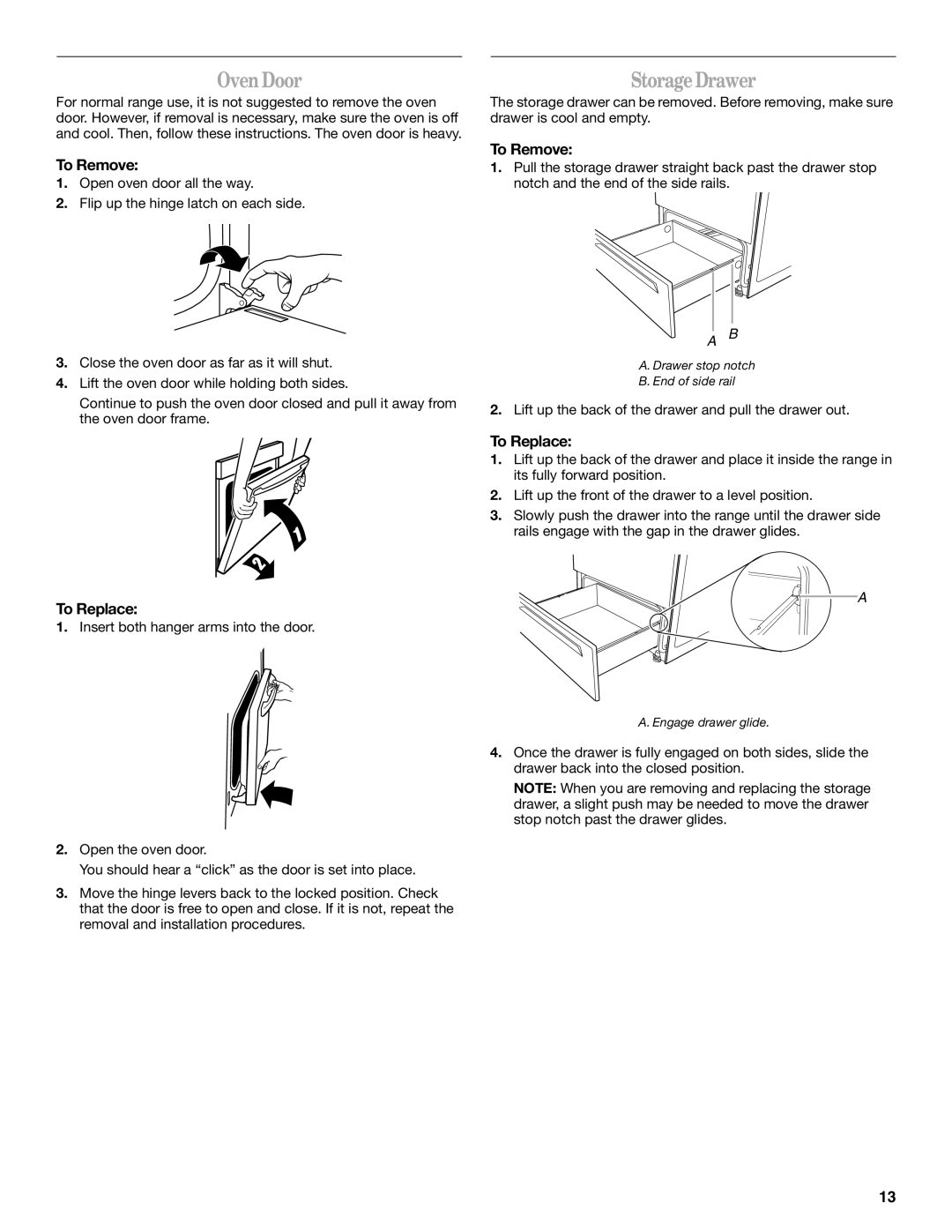 Amana W10180837A manual Oven Door, Storage Drawer, To Remove 