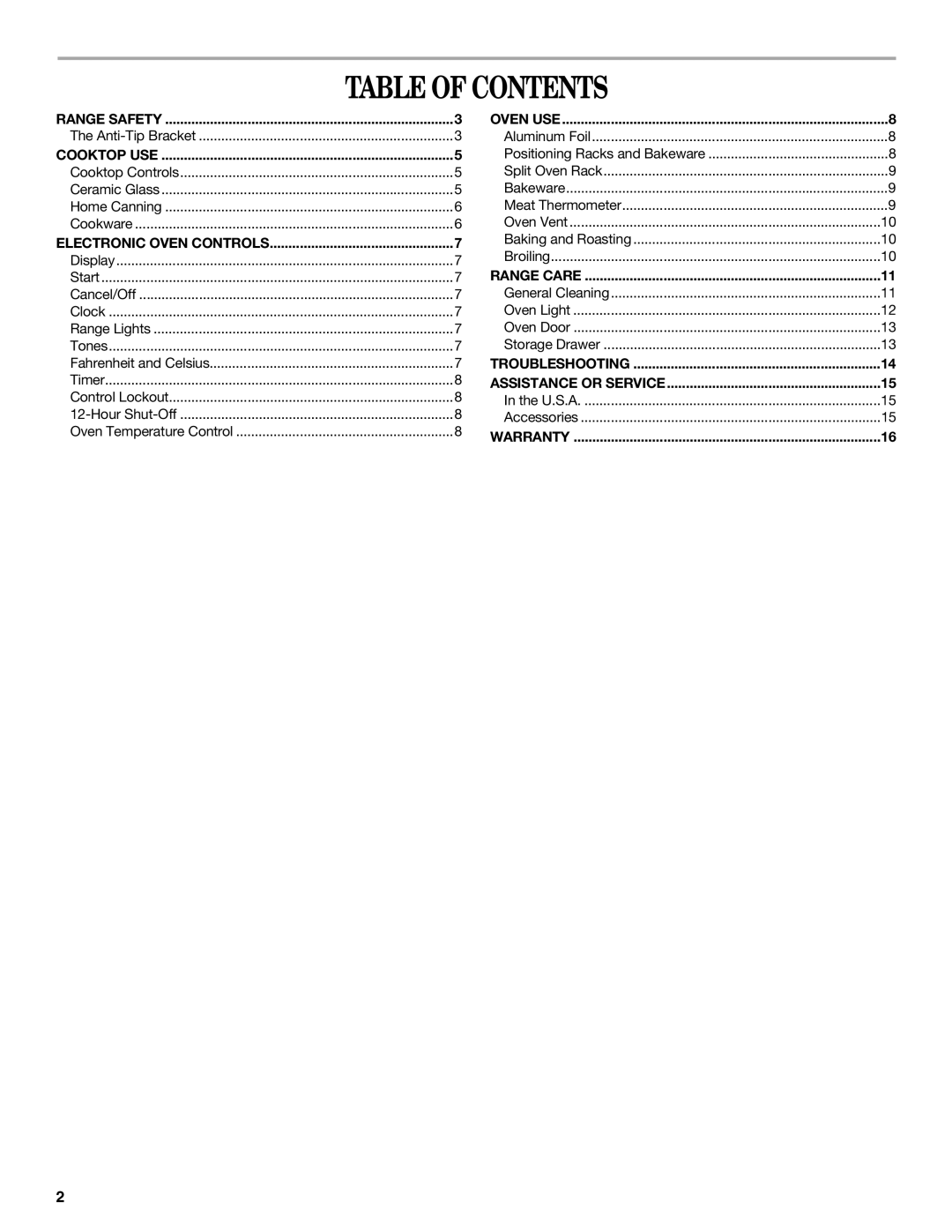 Amana W10180837A manual Table of Contents 