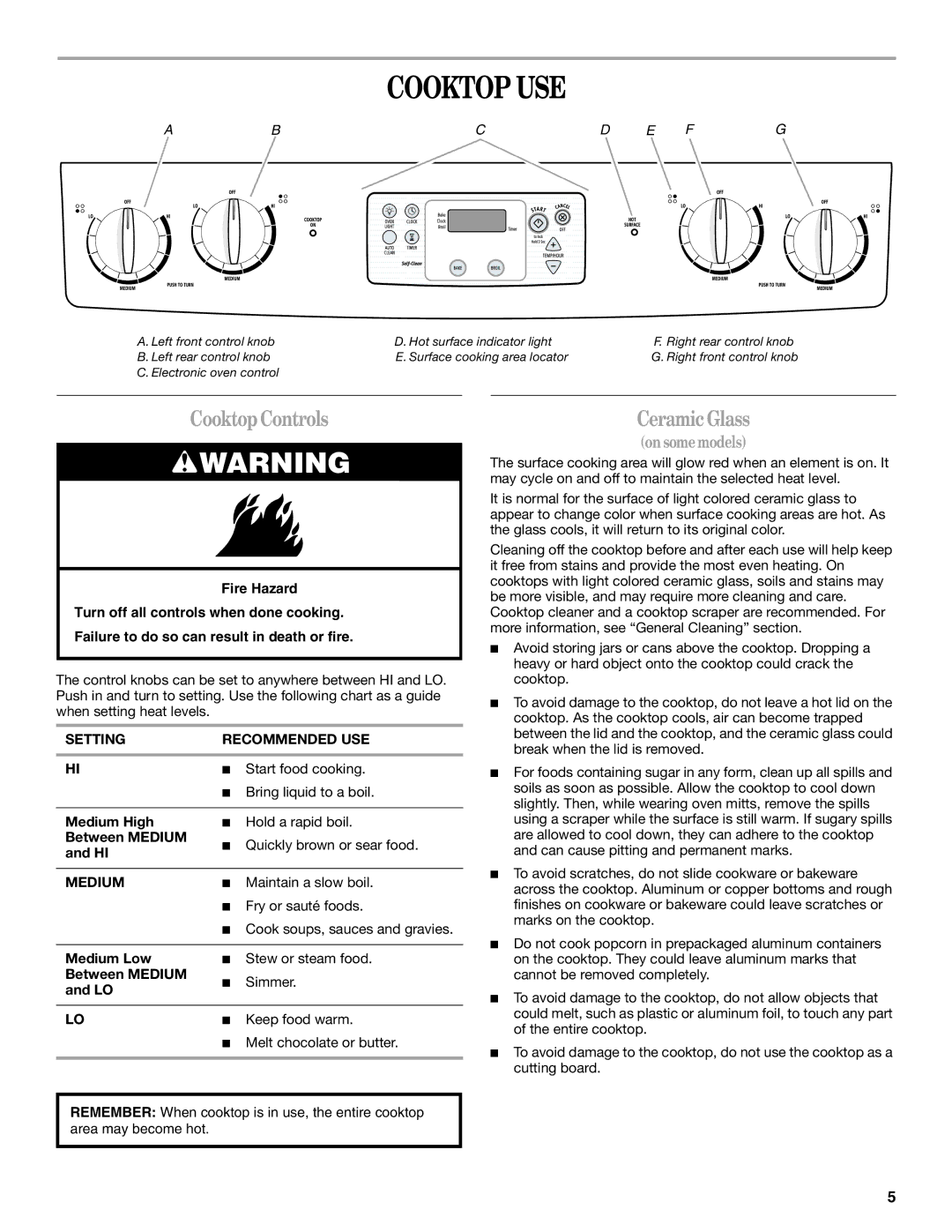 Amana W10180837A manual Cooktop USE, CooktopControls, CeramicGlass, Setting Recommended USE, Medium 