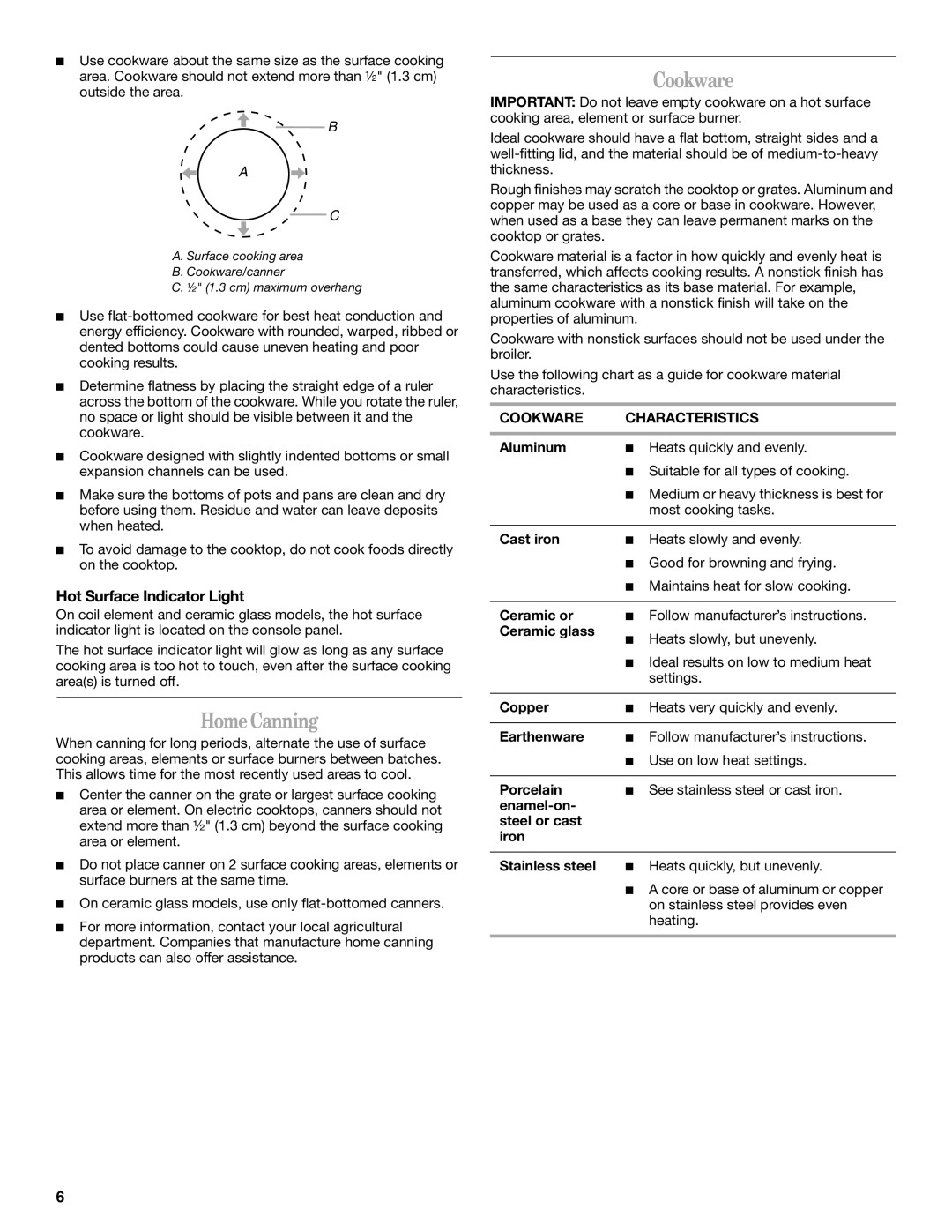 Amana W10180837A manual HomeCanning, Hot Surface Indicator Light, Cookware Characteristics 