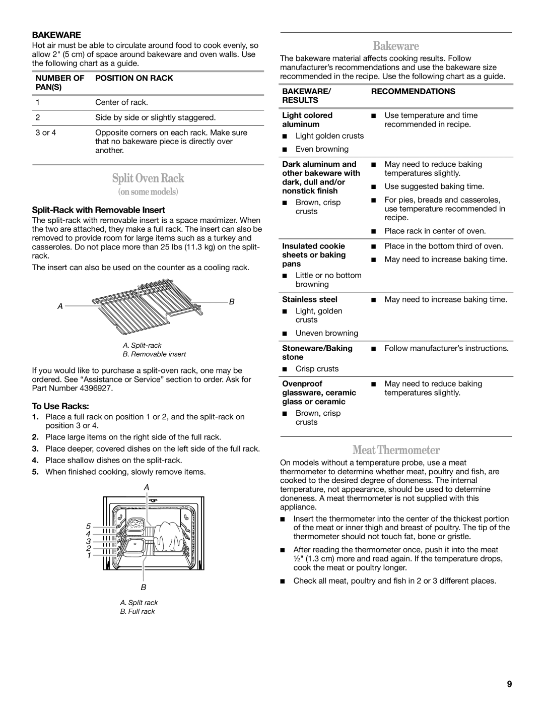 Amana W10180837A manual Split Oven Rack, Bakeware, Meat Thermometer 