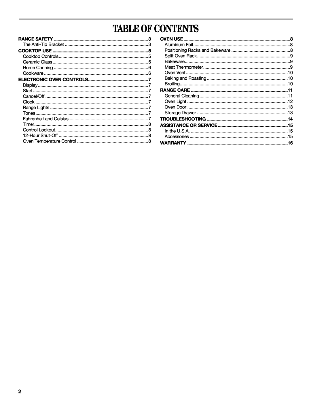 Amana W10180837A Table Of Contents, Range Safety, Oven Use, Cooktop Use, Electronic Oven Controls, Range Care, Warranty 