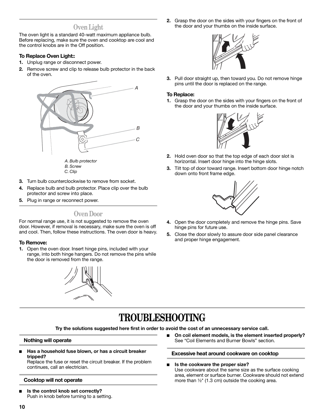 Amana W10181328B manual Troubleshooting, OvenLight, OvenDoor 