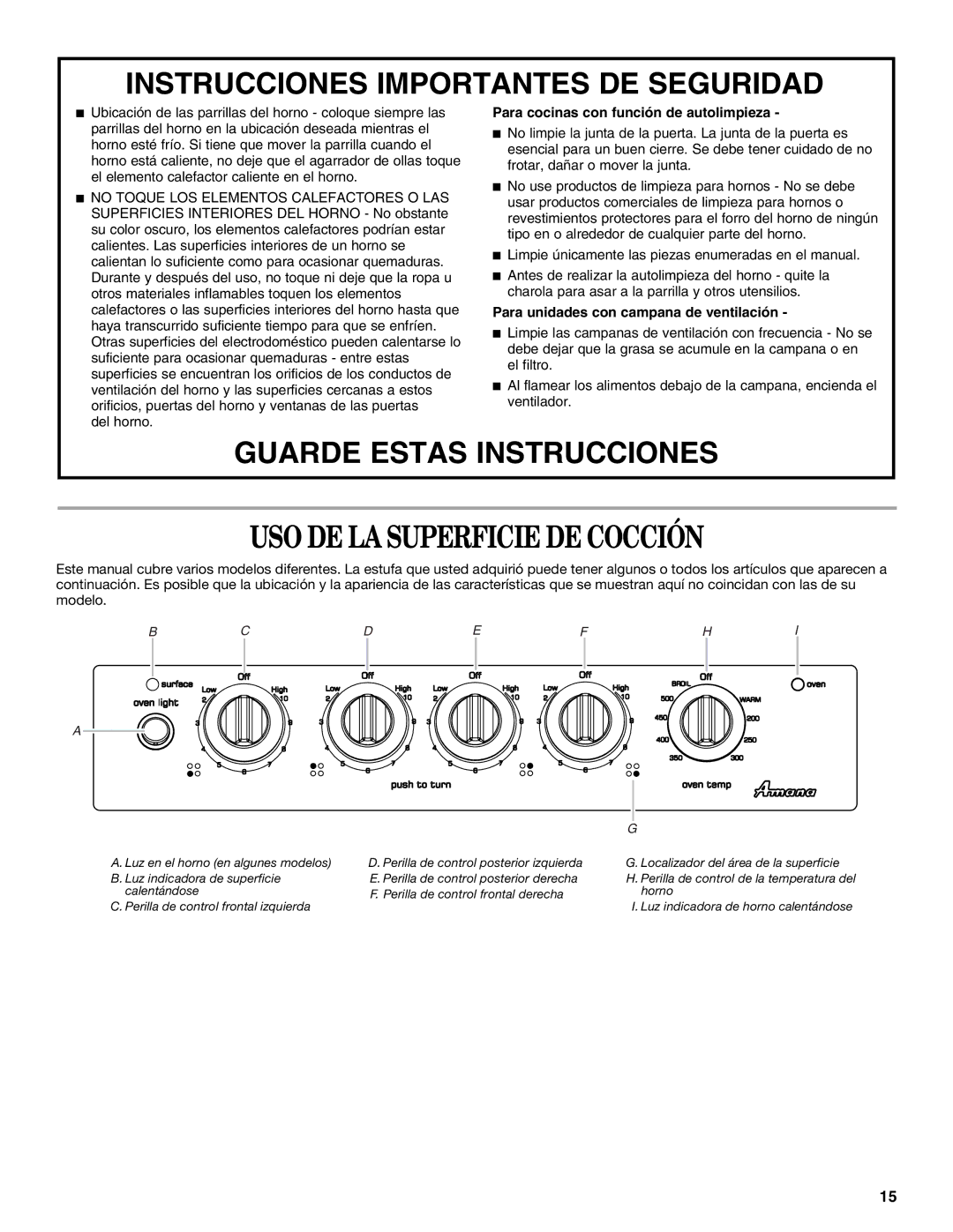 Amana W10181328B manual USO DE LA Superficie DE Cocción, Para cocinas con función de autolimpieza 