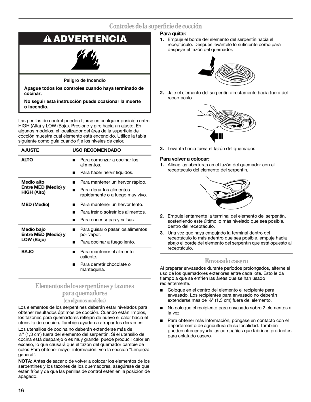 Amana W10181328B manual Controlesdelasuperficiedecocción, Elementosdelosserpentines ytazones Paraquemadores, Envasadocasero 