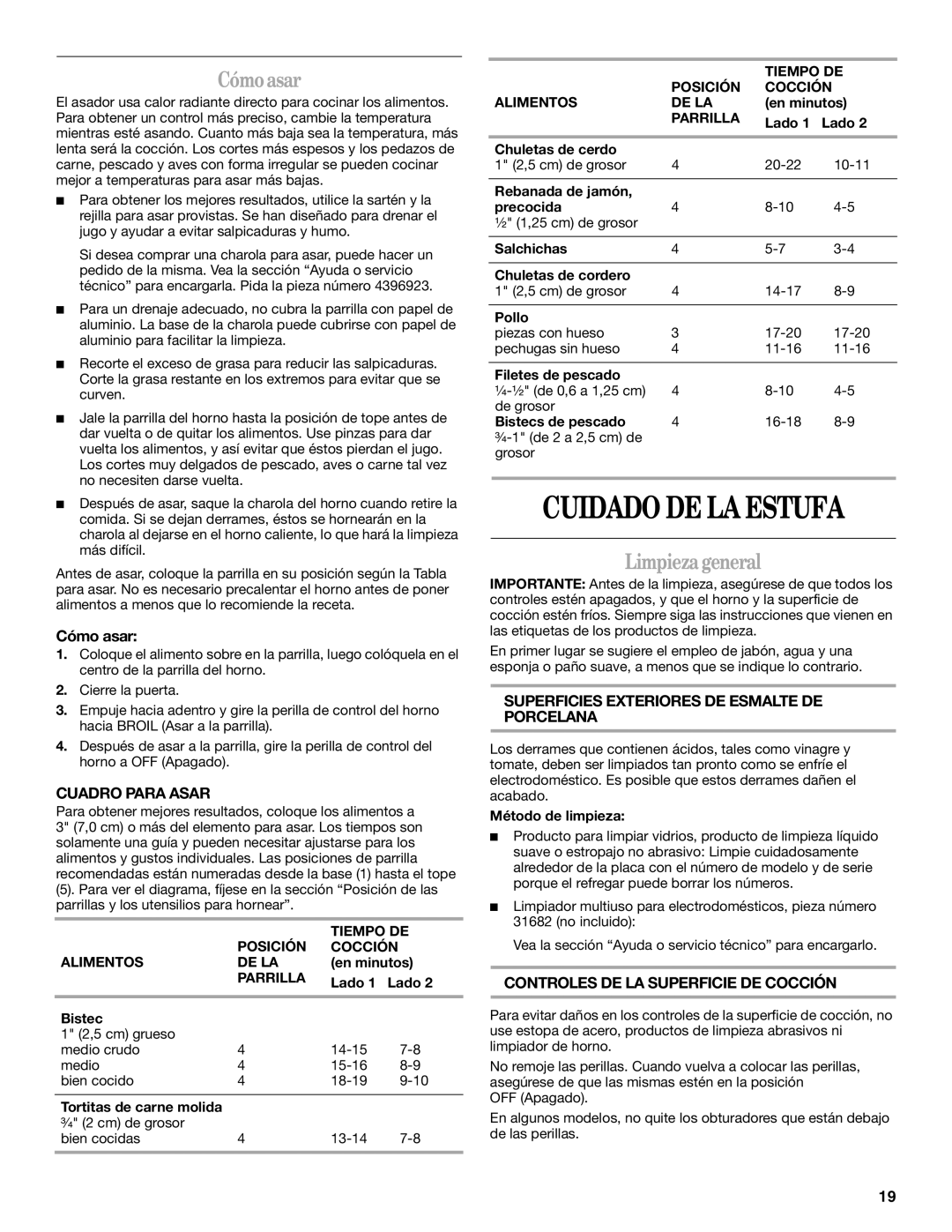 Amana W10181328B manual Cuidado DE LA Estufa, Cómoasar, Limpiezageneral 