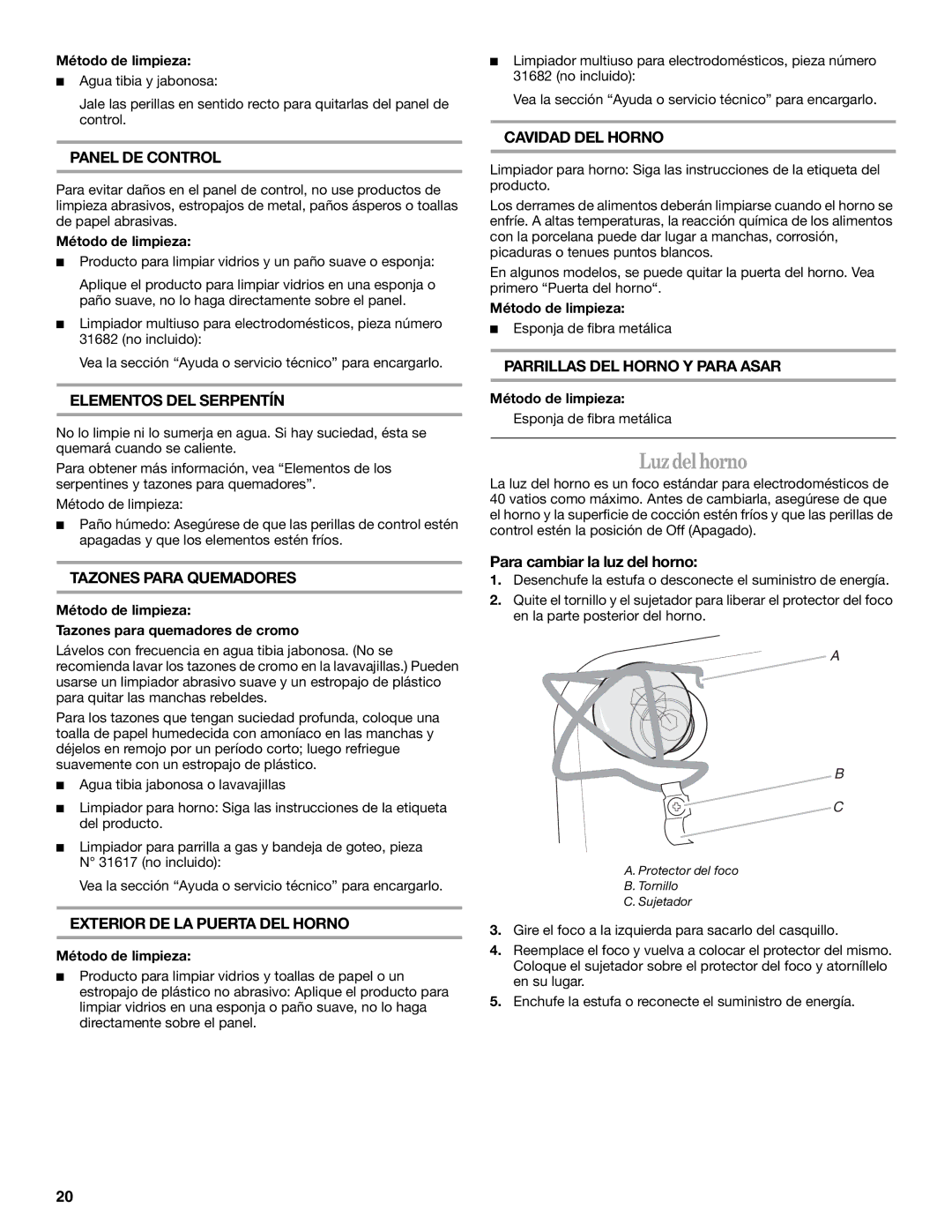 Amana W10181328B manual Luzdel horno 