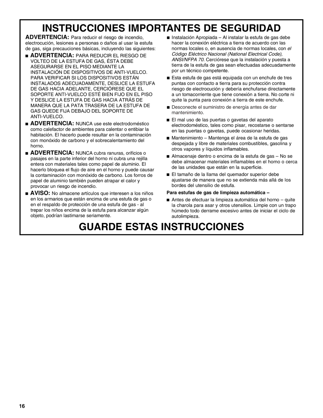 Amana W10181330A manual Instrucciones Importantes DE Seguridad, Para estufas de gas de limpieza automática 