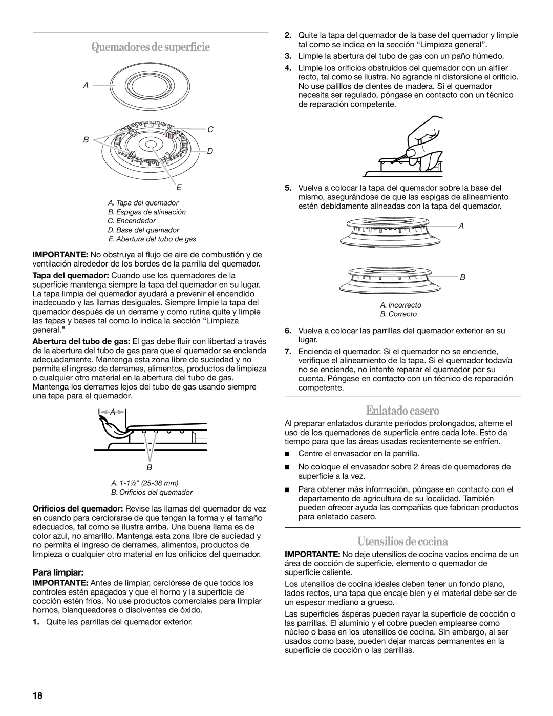 Amana W10181330A manual Quemadores desuperficie, Enlatado casero, Utensilios decocina, Para limpiar 