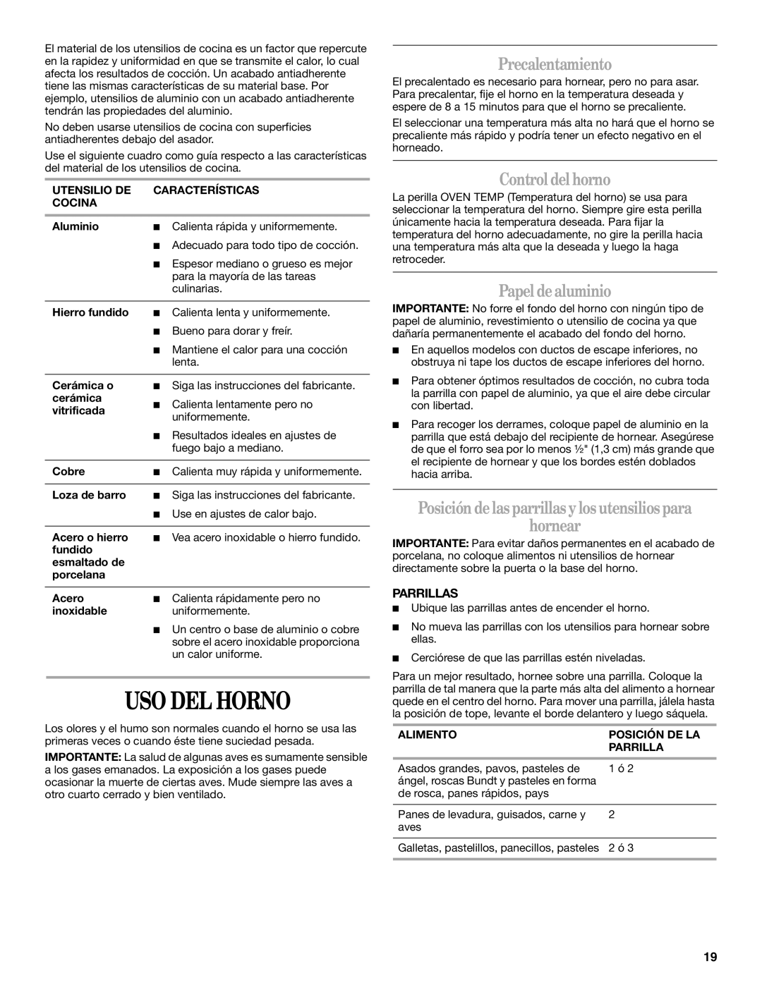 Amana W10181330A manual USO DEL Horno, Precalentamiento, Control del horno, Papel dealuminio 