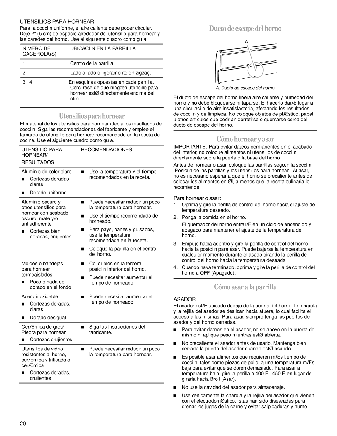 Amana W10181330A manual Utensiliosparahornear, Ducto deescapedel horno, Cómohornearyasar, Cómoasara laparrilla 