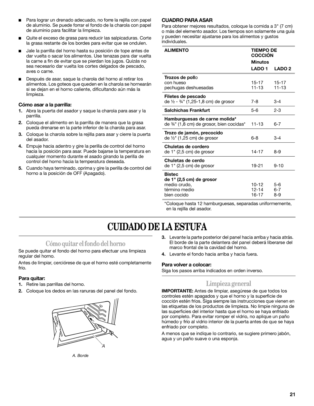 Amana W10181330A manual Cuidado DE LA Estufa, Cómoquitarelfondo del horno, Limpiezageneral, Cuadro Para Asar 