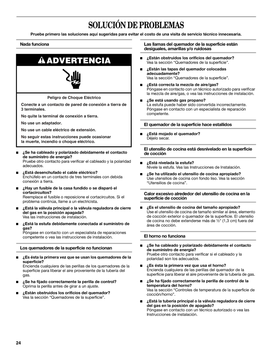 Amana W10181330A Solución DE Problemas, Nada funciona, Los quemadores de la superficie no funcionan, El horno no funciona 