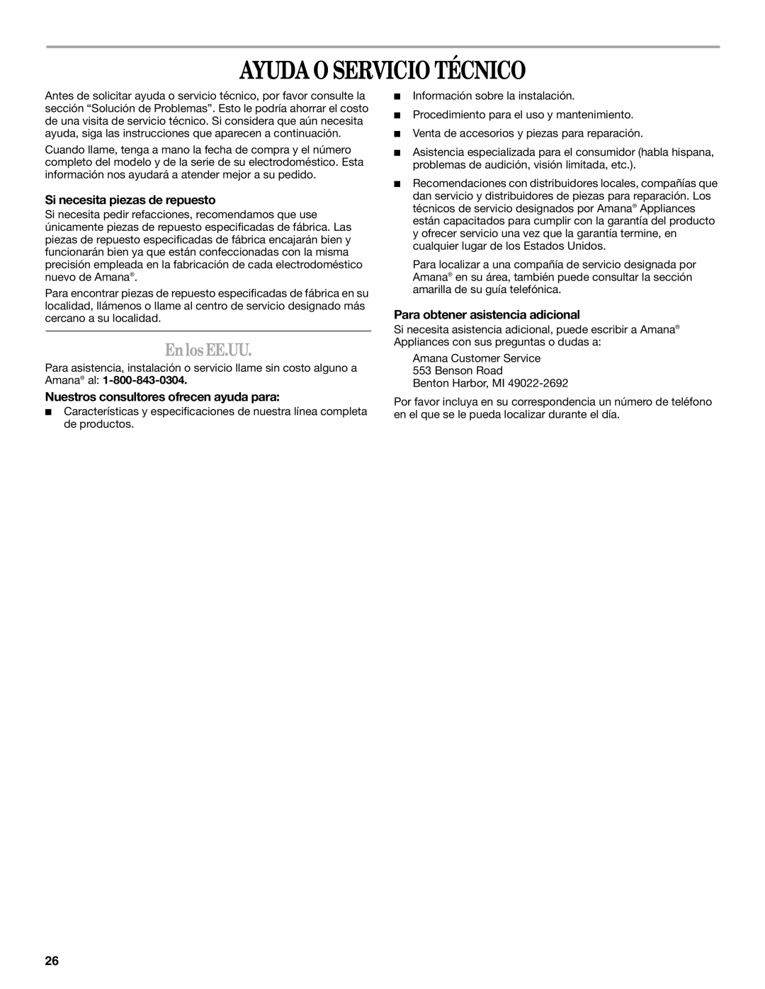 Amana W10181330A Ayuda O Servicio Técnico, EnlosEE.UU, Si necesita piezas de repuesto, Para obtener asistencia adicional 