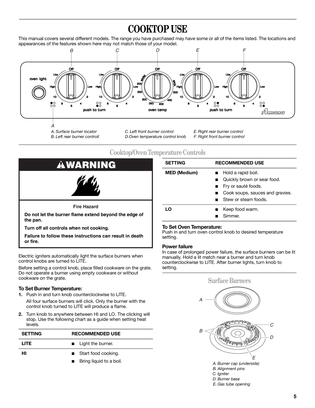 Amana W10181330A manual Cooktop USE, Cooktop/OvenTemperatureControls, SurfaceBurners 