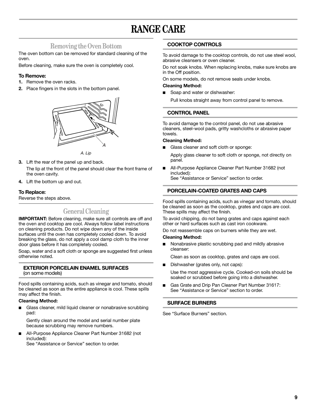 Amana W10181330A manual Range Care, RemovingtheOvenBottom, GeneralCleaning 