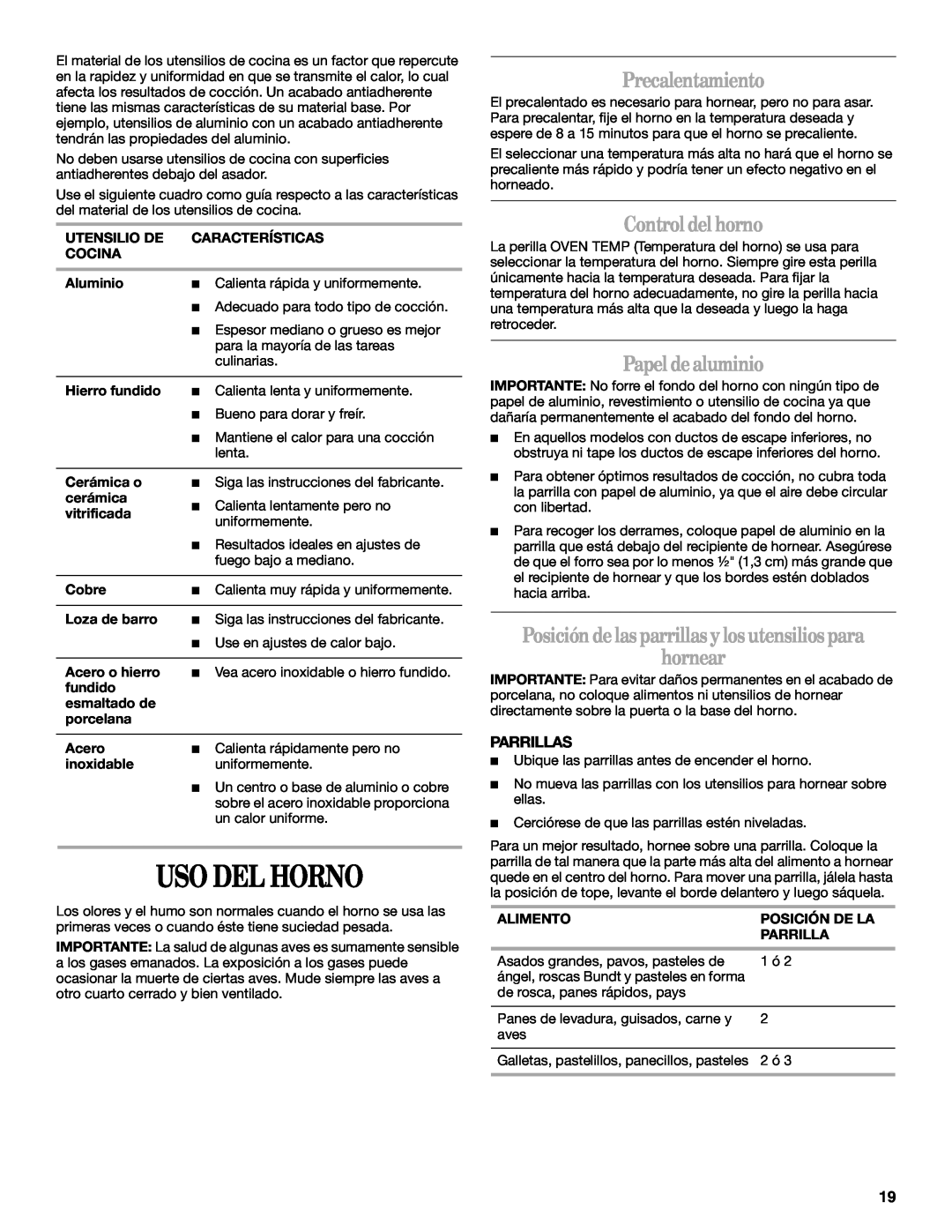 Amana W10181330A manual Uso Del Horno, Precalentamiento, Control del horno, Papel dealuminio, Parrillas 