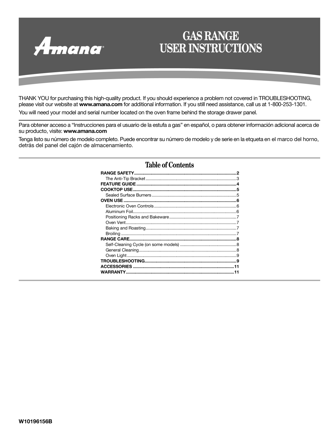 Amana W10196156B warranty GAS Range User Instructions 