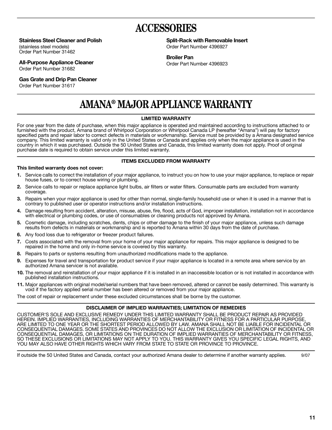 Amana W10196156B warranty Accessories, Amana Major Appliance Warranty, Broiler Pan, All-Purpose Appliance Cleaner 