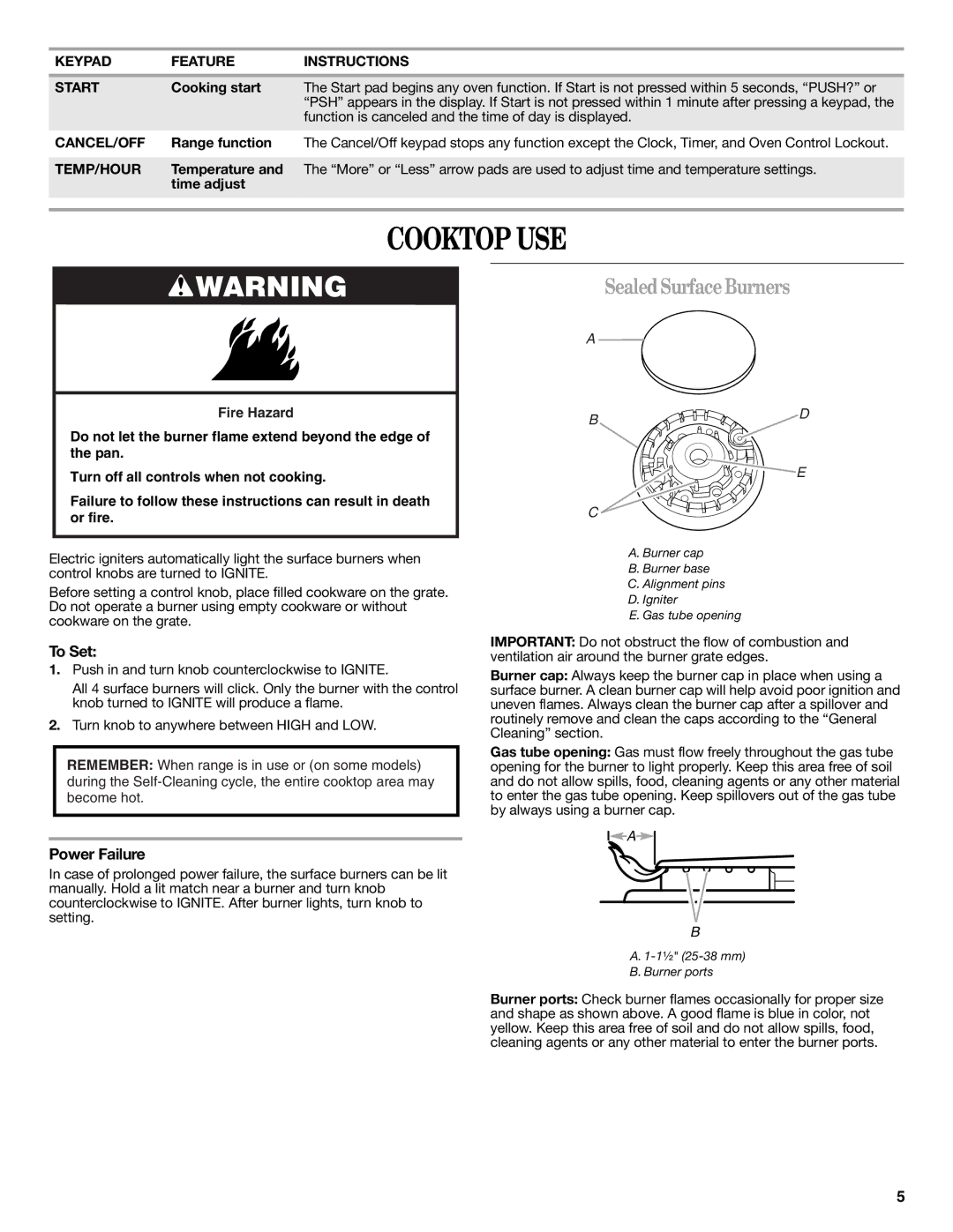 Amana W10196156B warranty Cooktop USE, Sealed Surface Burners, To Set, Power Failure 