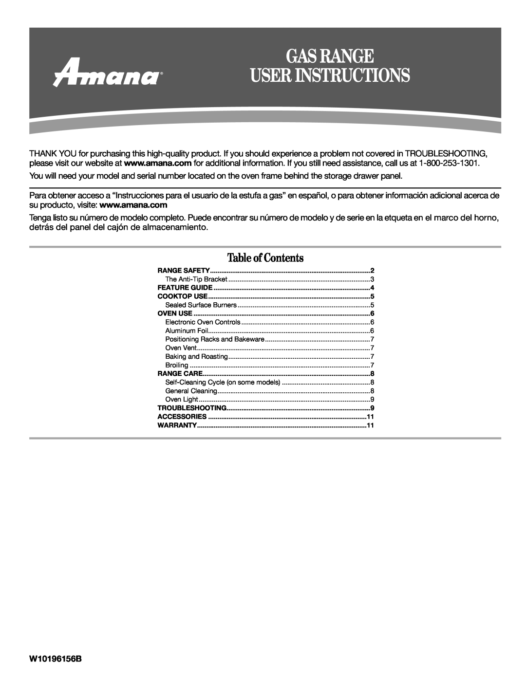 Amana W10196156B warranty Gas Range User Instructions, Table of Contents 