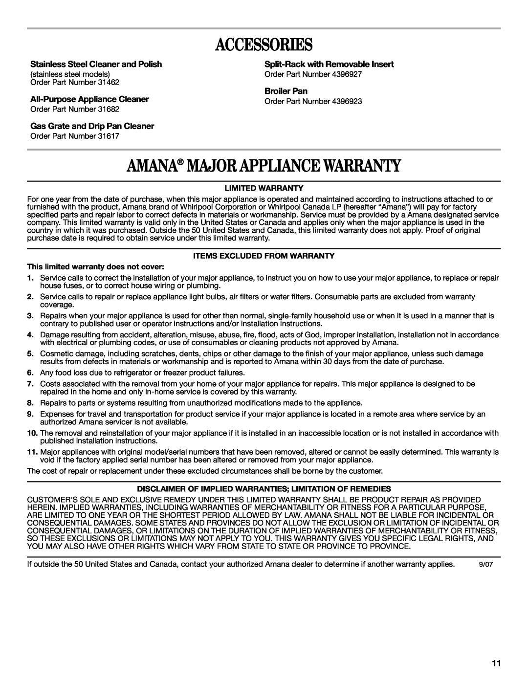 Amana W10196156B warranty Accessories, Amana Major Appliance Warranty, Stainless Steel Cleaner and Polish, Broiler Pan 
