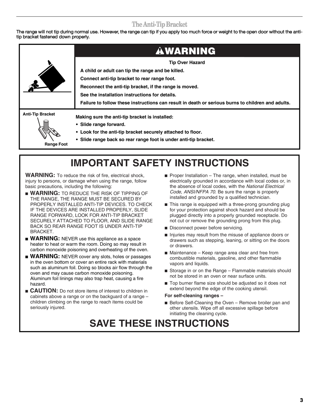 Amana W10196156B The Anti-Tip Bracket, Important Safety Instructions, Save These Instructions, For self-cleaning ranges 