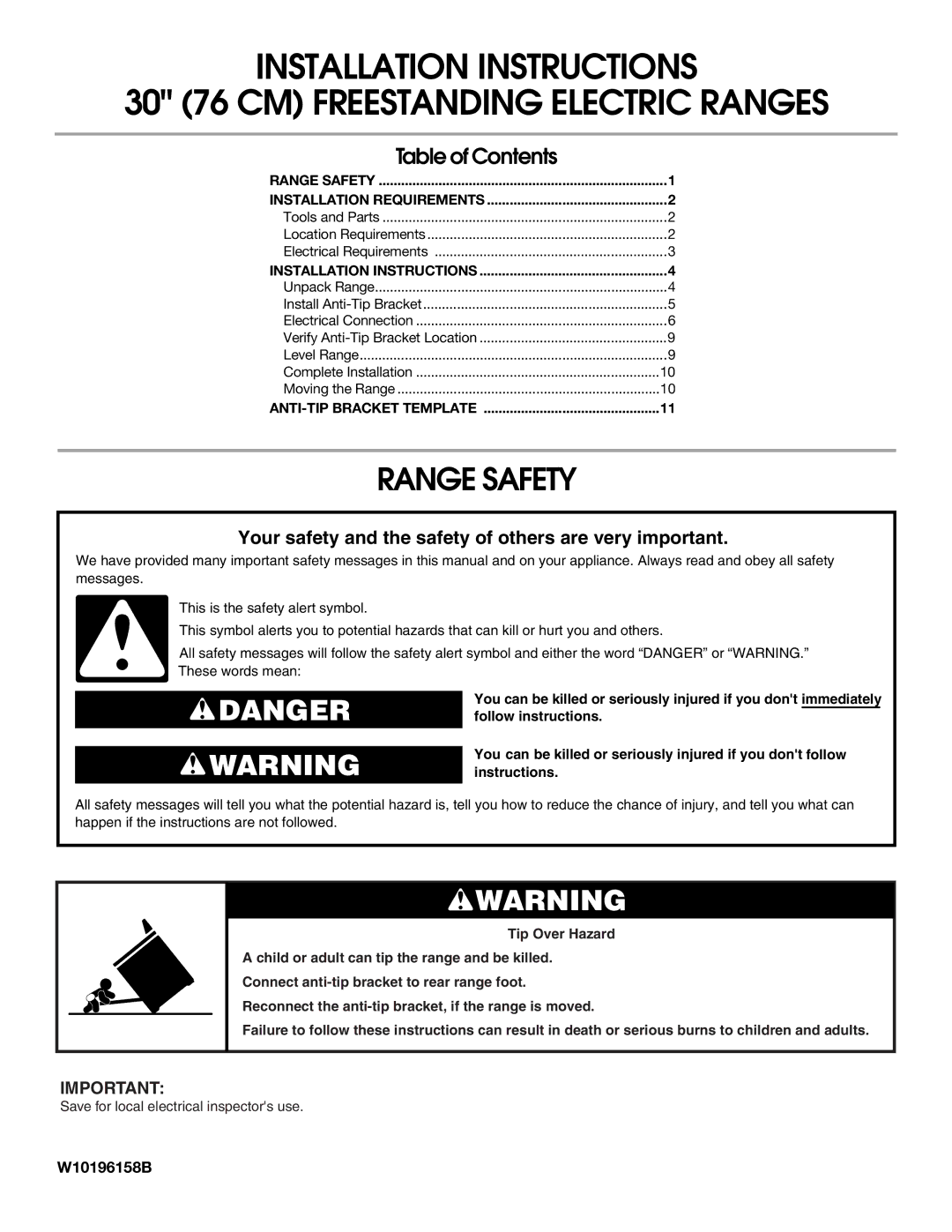 Amana W10196158B installation instructions Range Safety, Table of Contents 