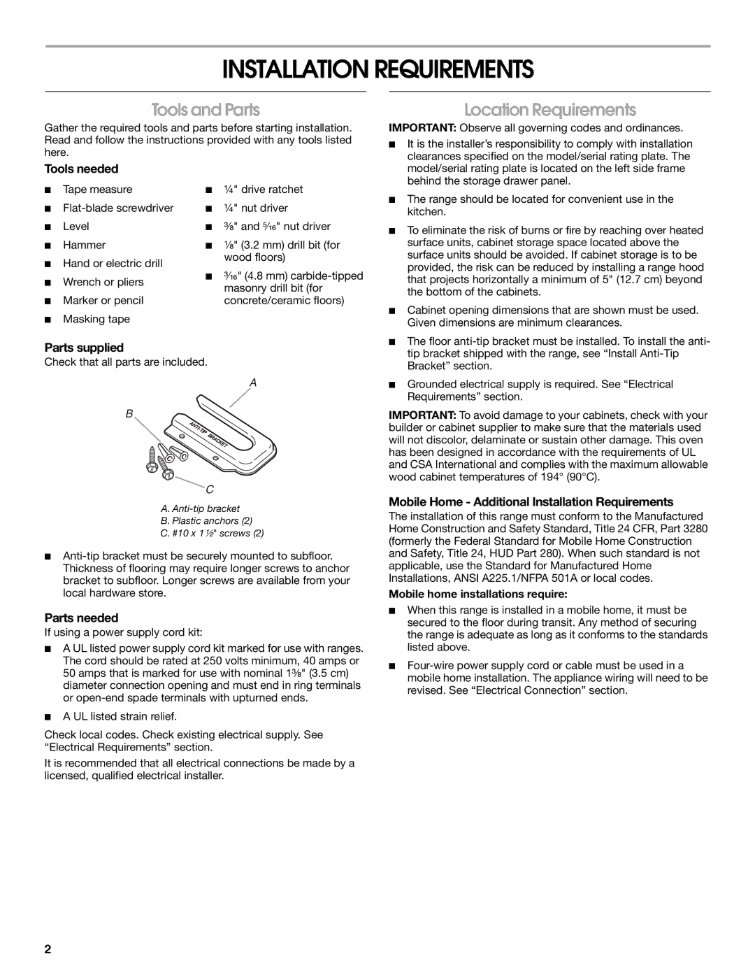 Amana W10196158B installation instructions Installation Requirements, Tools and Parts, Location Requirements 