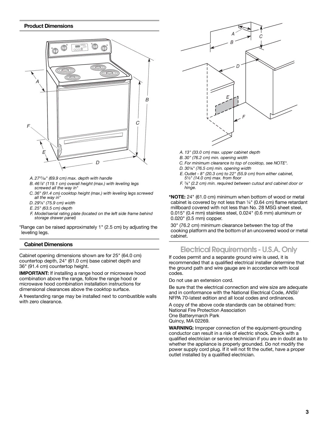 Amana W10196158B installation instructions Electrical Requirements U.S.A. Only, Product Dimensions, Cabinet Dimensions 