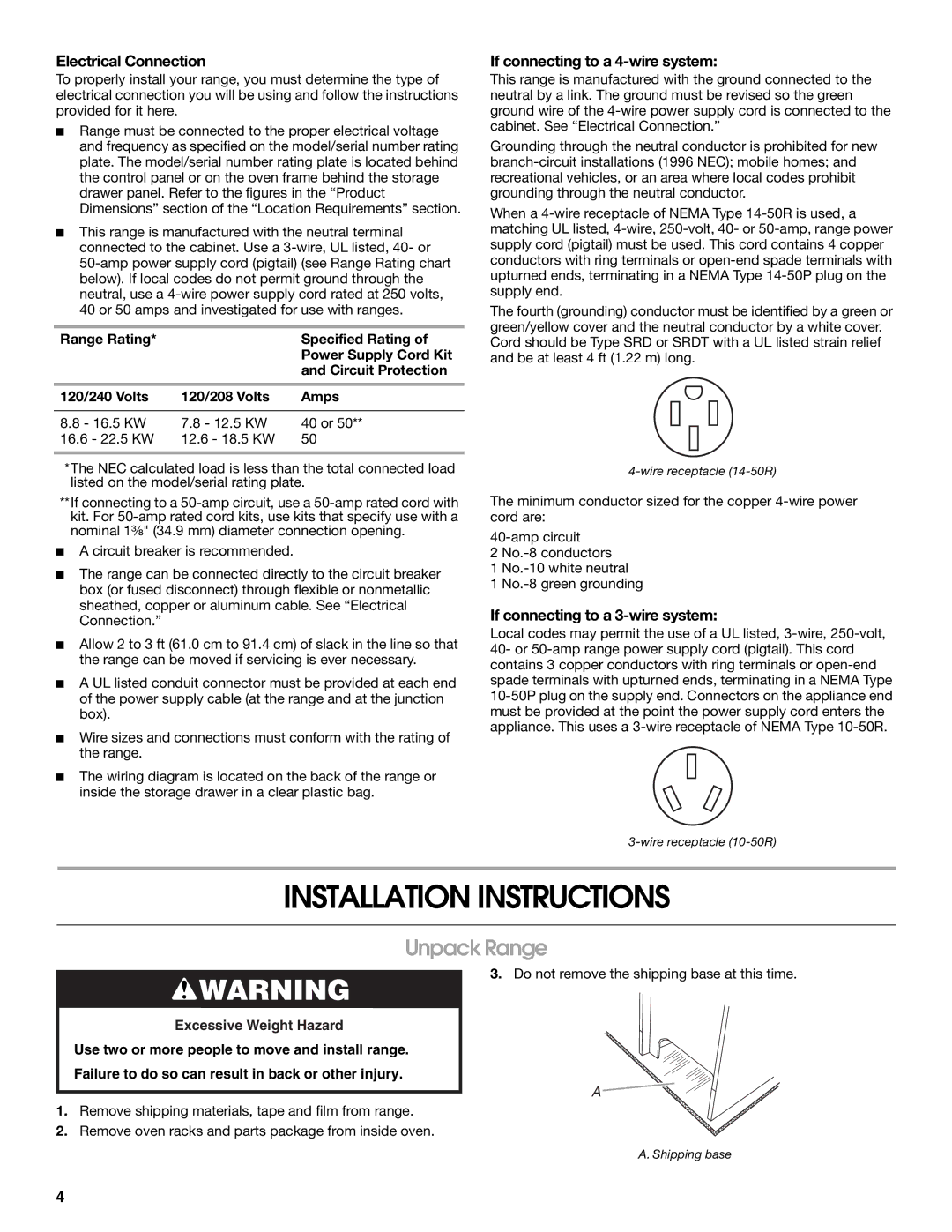 Amana W10196158B Installation Instructions, Unpack Range, Electrical Connection, If connecting to a 4-wire system 