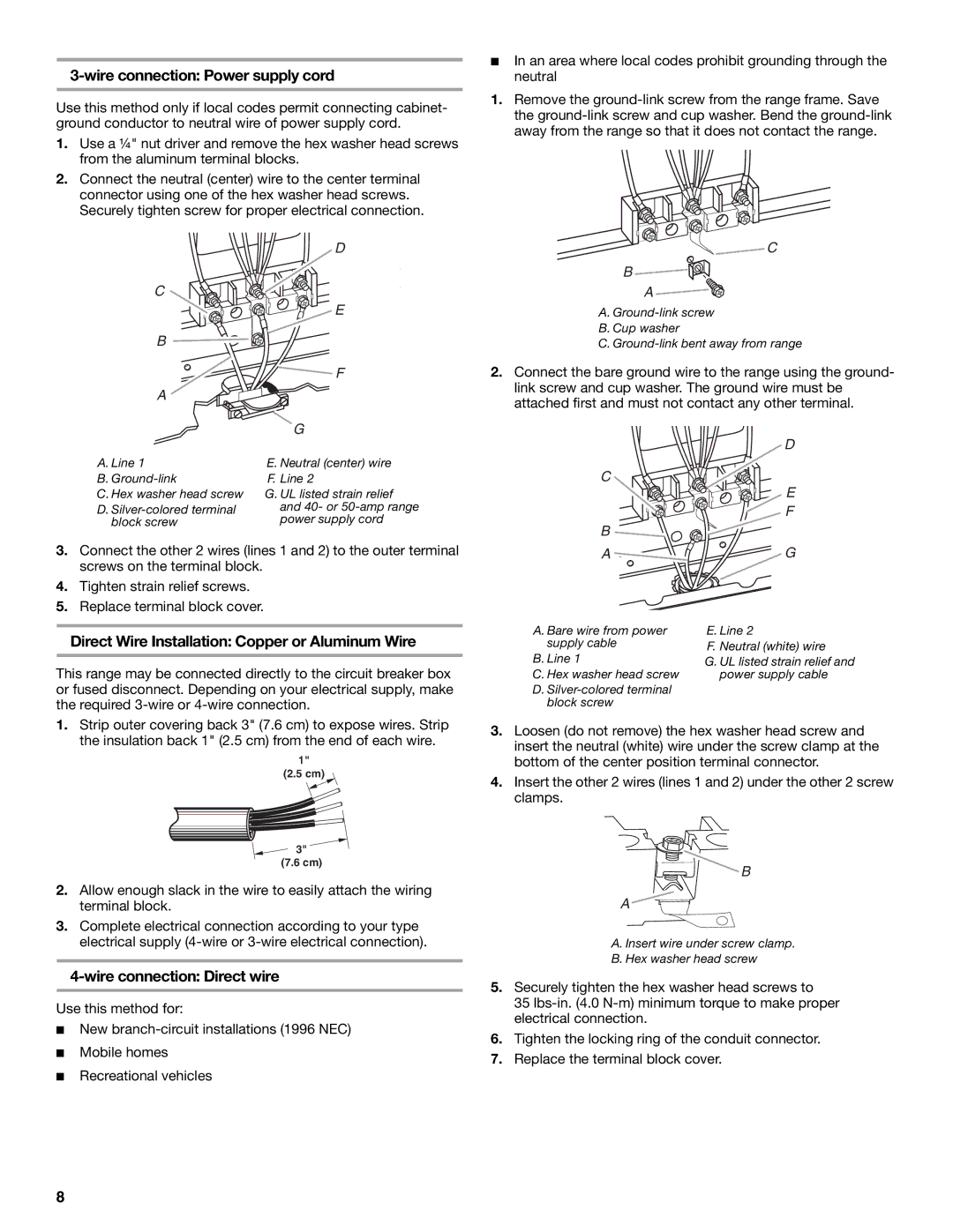 Amana W10196158B installation instructions Direct Wire Installation Copper or Aluminum Wire, Wire connection Direct wire 