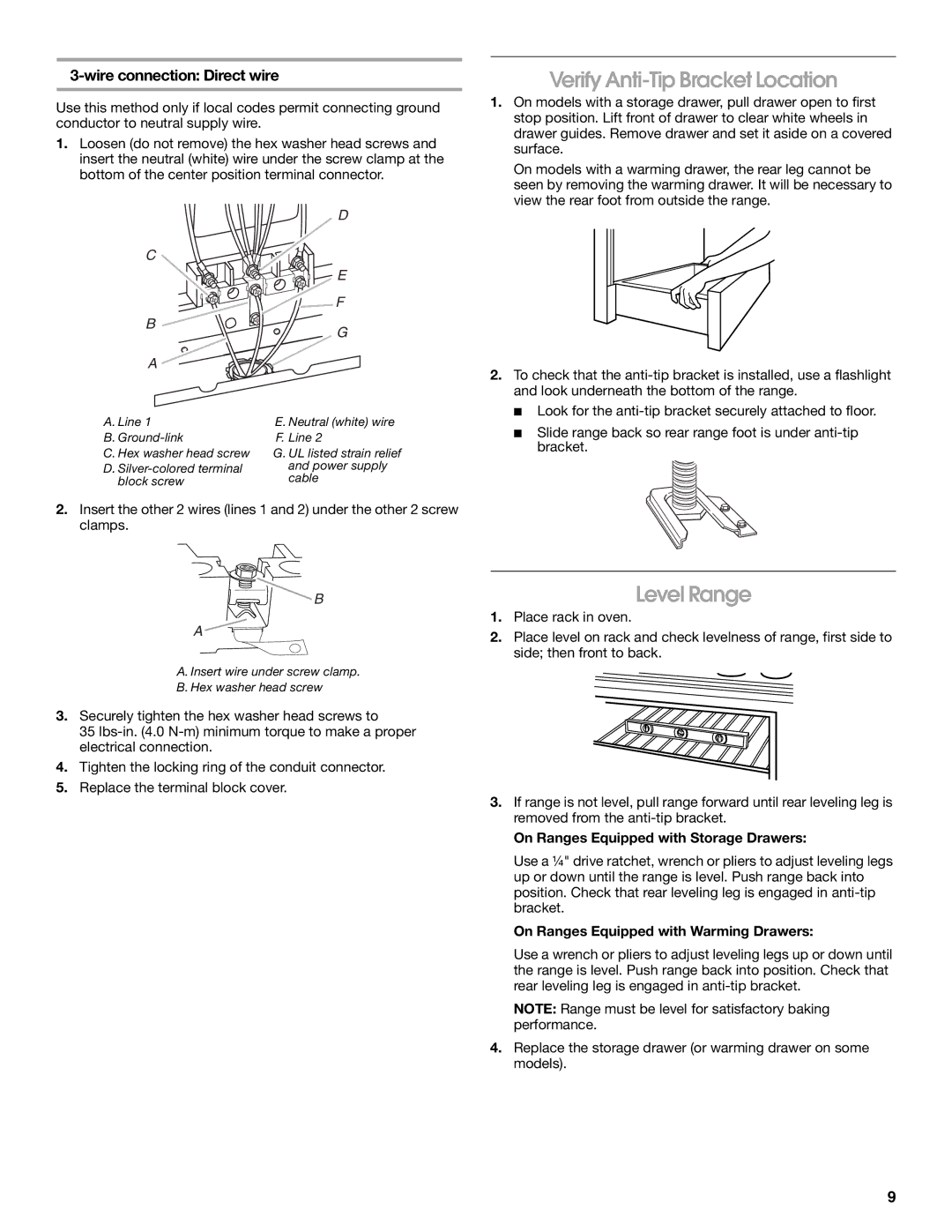 Amana W10196158B installation instructions Verify Anti-Tip Bracket Location, Level Range 